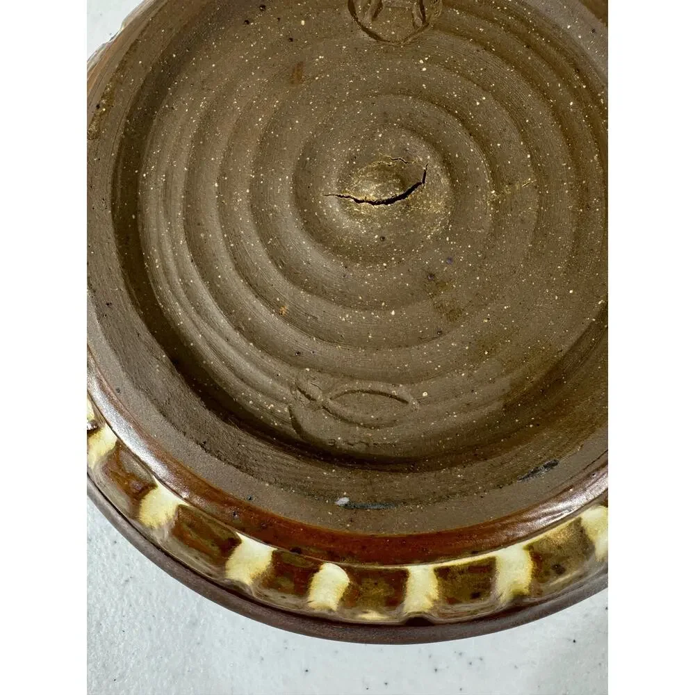 Studio Pottery Art Handmade 2 pc Candle Holder Tray Brown Signed Tom‎ Hughes